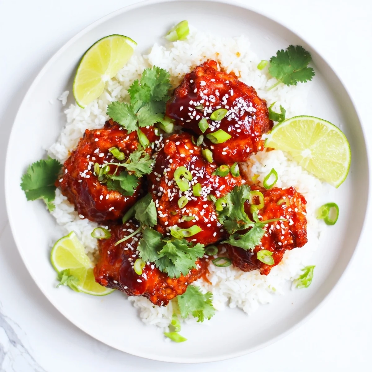 Tender spicy maple chicken breast garnished with sesame seeds over creamy coconut rice