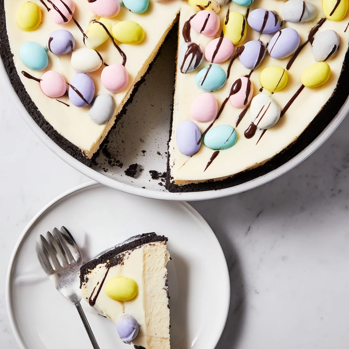 Creamy Easter Egg Cheesecake topped with colorful chocolate eggs on chocolate cookie crust