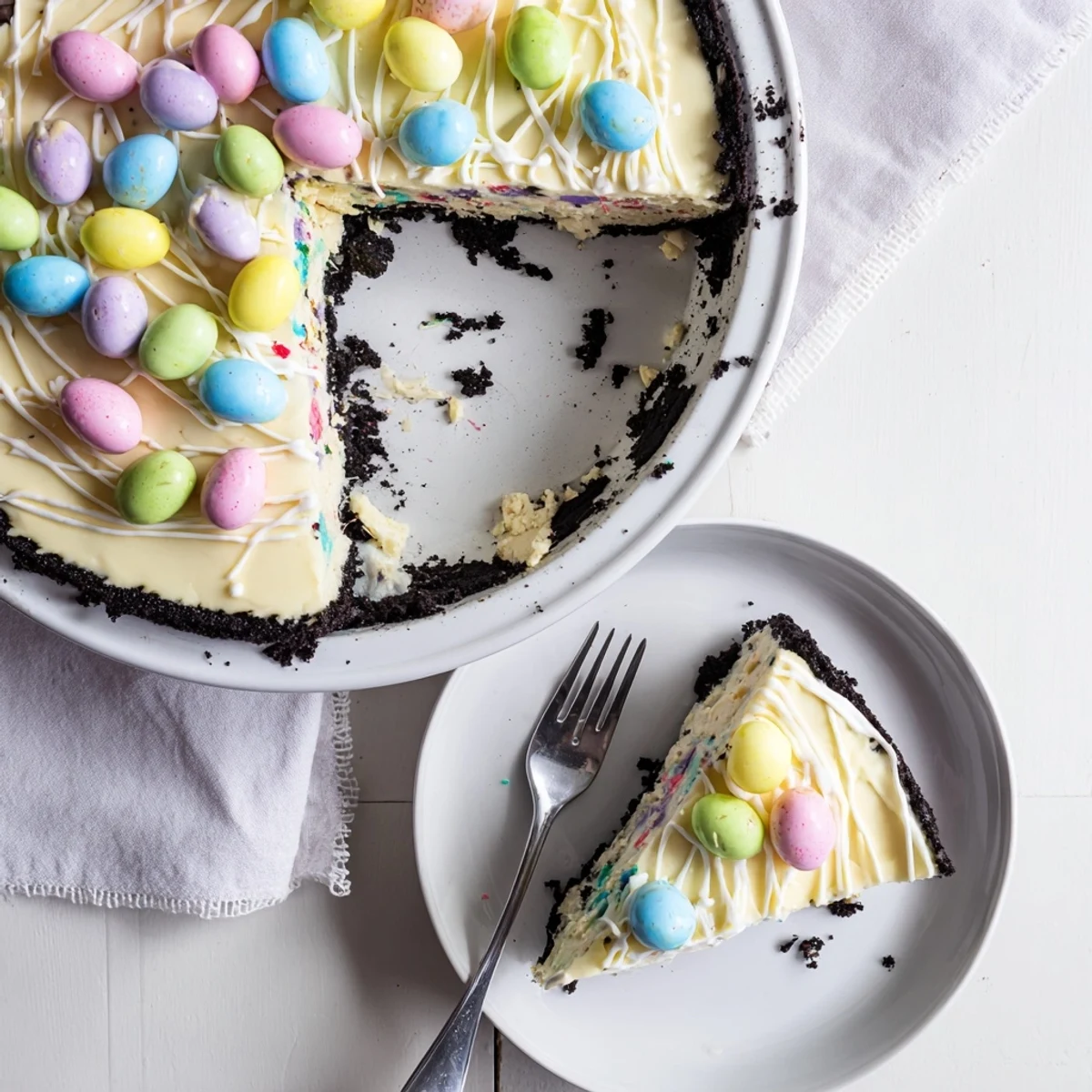 Slice of Easter Egg Cheesecake showing velvety filling decorated with pastel mini eggs