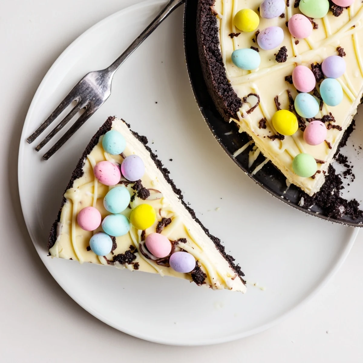 Festive Easter Egg Cheesecake with smooth vanilla cream cheese and spring candy toppings
