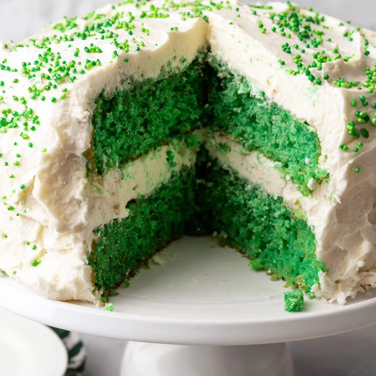 Festive St. Patricks Day cake with vibrant green sponge layers and fluffy vanilla frosting