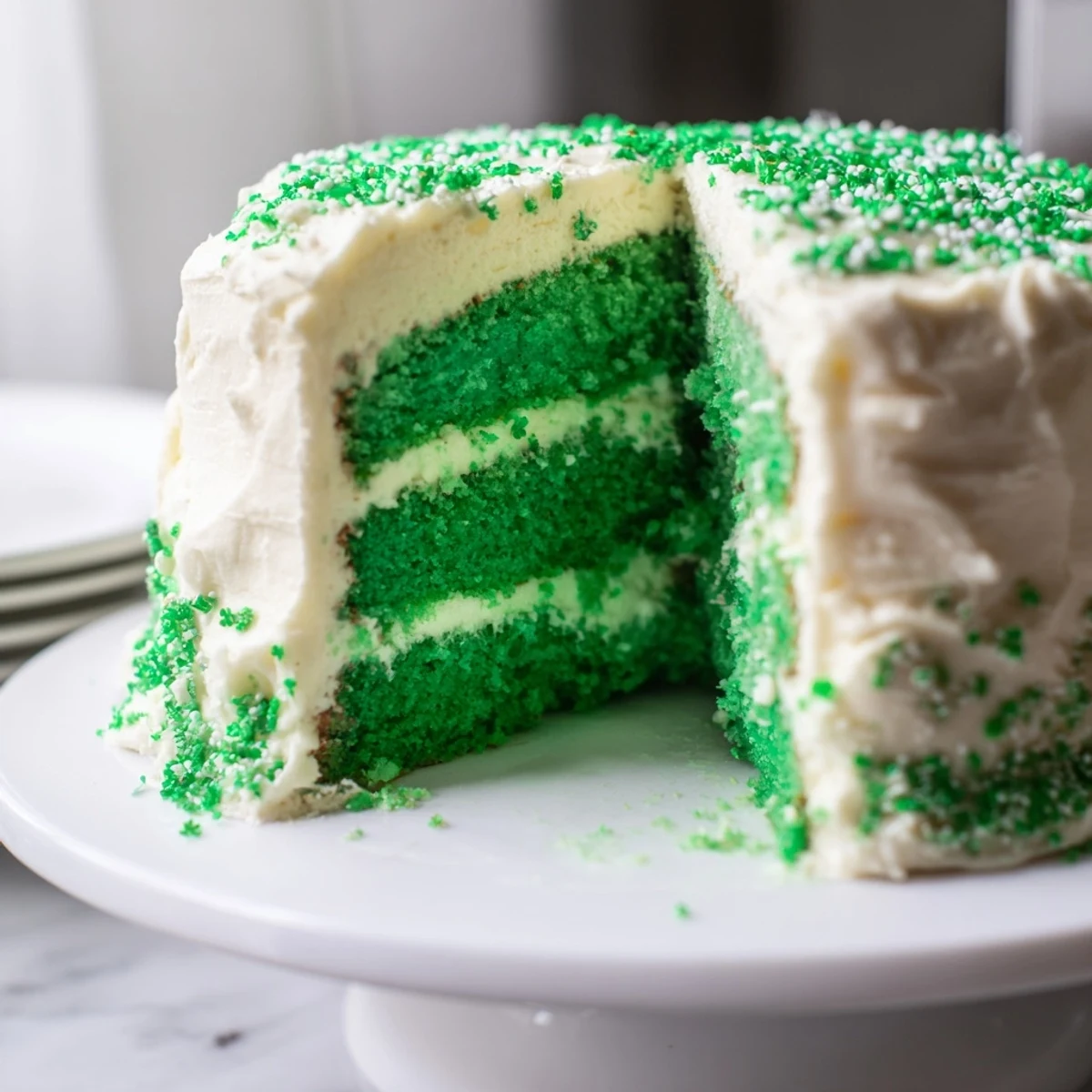 Three-layer green cake decorated with shamrocks for your St. Patricks Day celebration dessert