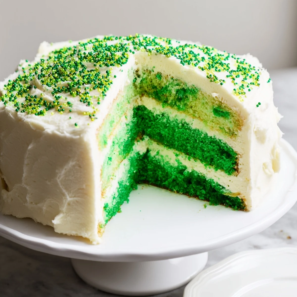 Slice of moist green St. Patricks Day cake topped with creamy white buttercream frosting