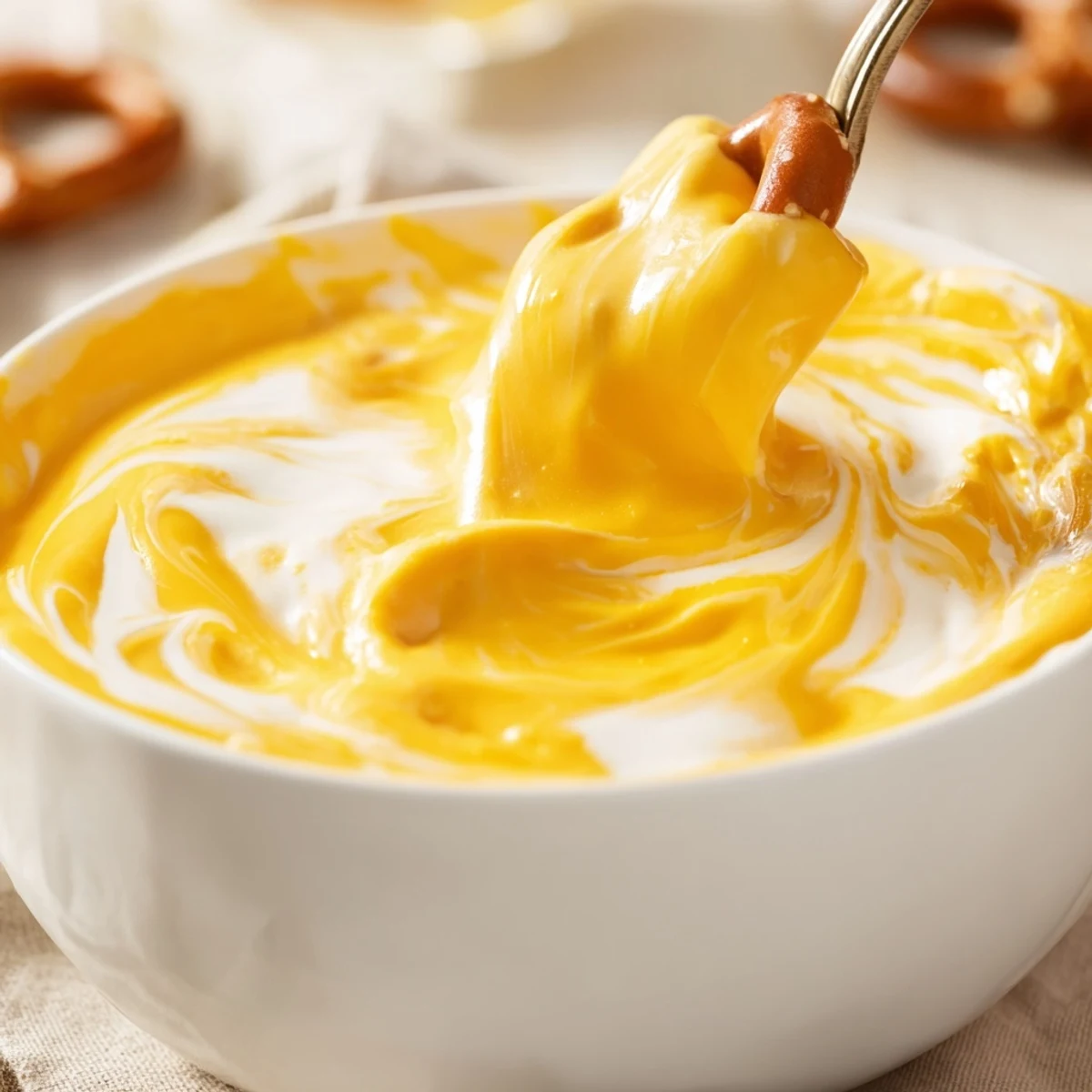 Warm cheese dip for pretzels bubbling in a saucepan with melted cheddar and mozzarella