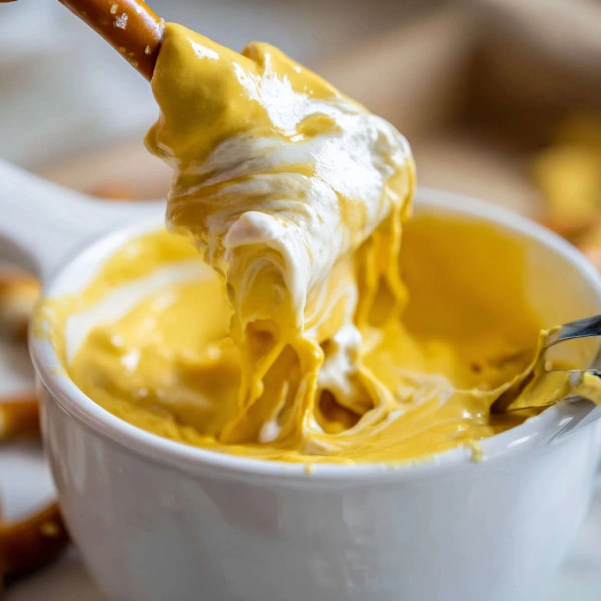 Creamy cheese dip for pretzels served in a bowl alongside golden, salted soft pretzels