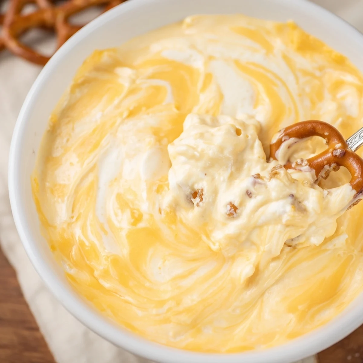 Golden brown soft pretzels dipped into rich, smooth cheese dip for pretzels