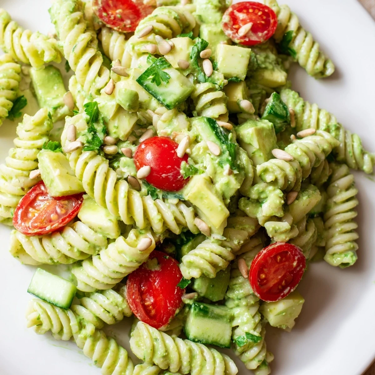 Fresh Green Goddess Pasta Salad featuring rotini pasta, cherry tomatoes, and vibrant homemade dressing