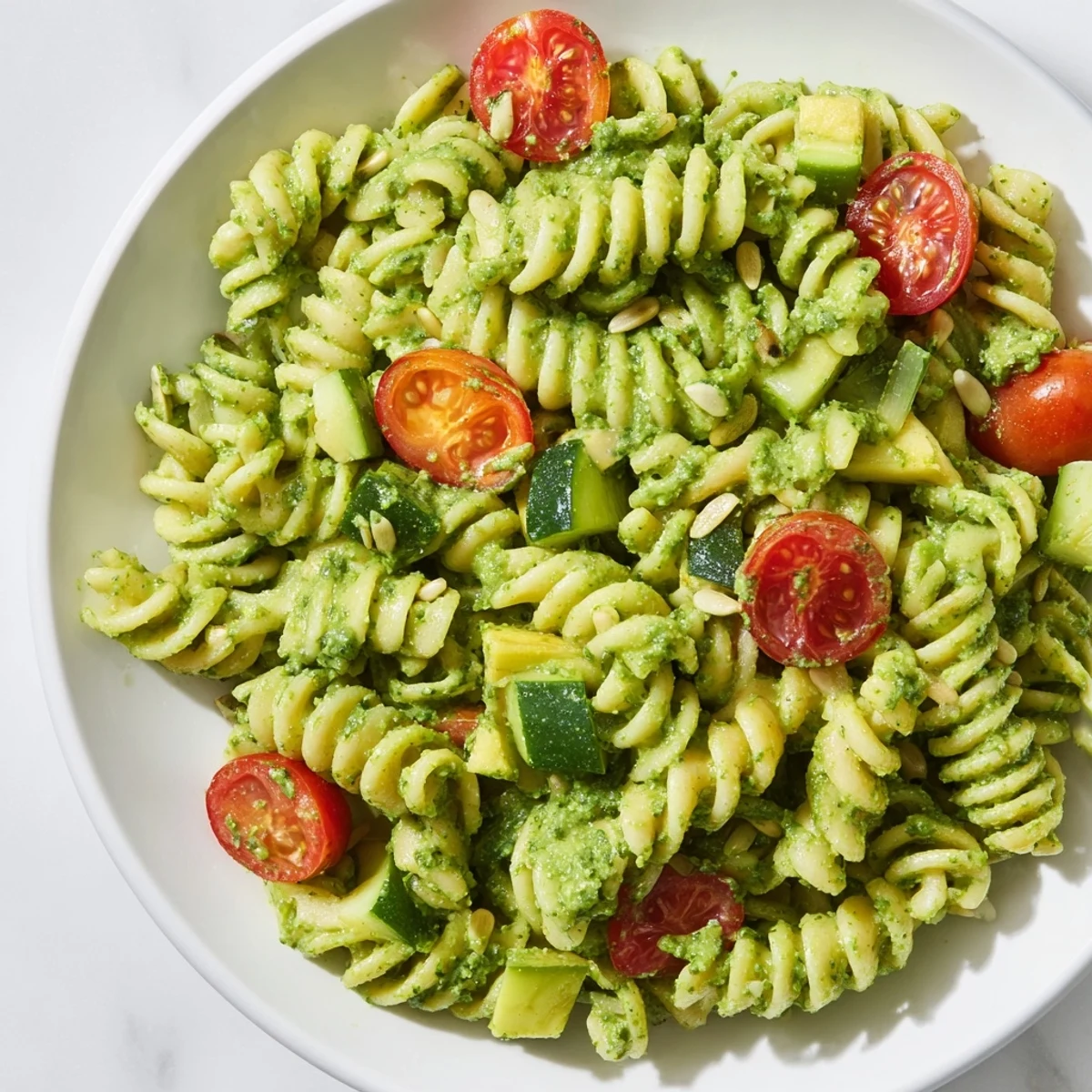 Colorful Green Goddess Pasta Salad tossed with creamy herb dressing and crisp summer vegetables