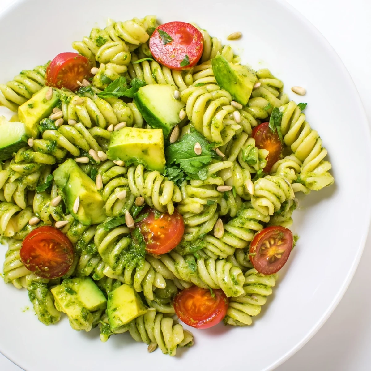 Creamy Green Goddess Pasta Salad bowl with avocado, snap peas, and tangy green herb coating
