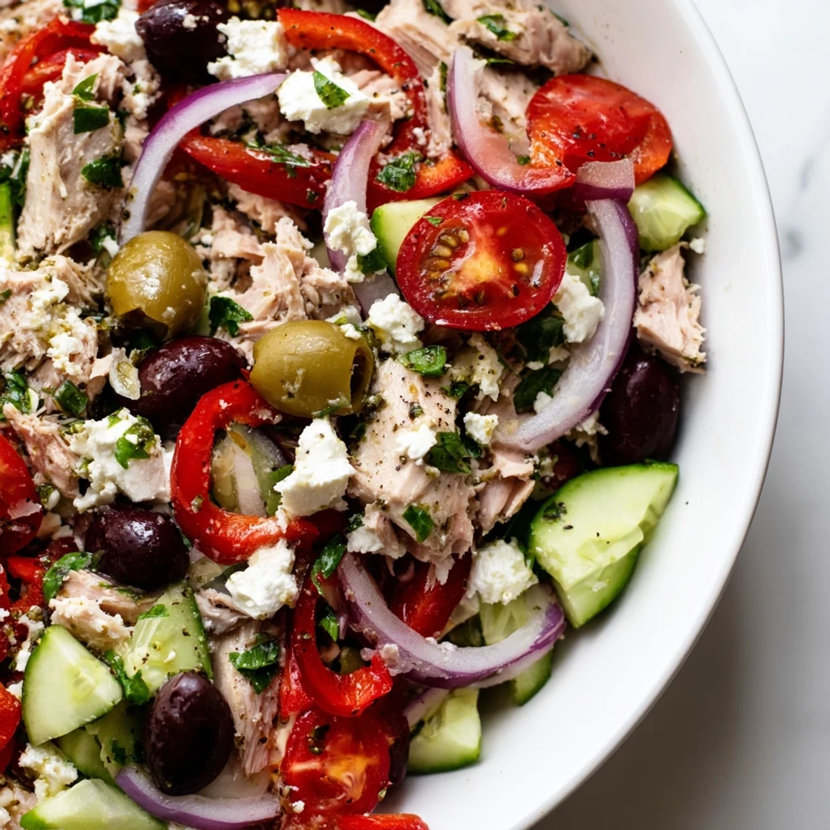 Healthy Mediterranean tuna salad plated with crisp herbs and zesty olive oil dressing for lunch