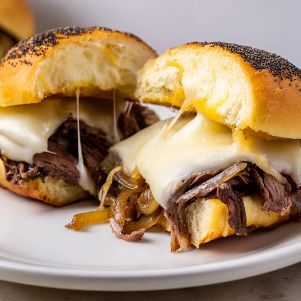 Tender beef sandwiches caramelized onions served alongside small ramekins of rich savory au jus dipping sauce