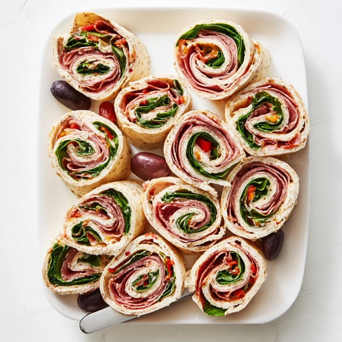 Spiral slices of Italian pinwheel sandwiches revealing layers of salami, provolone, and roasted red peppers