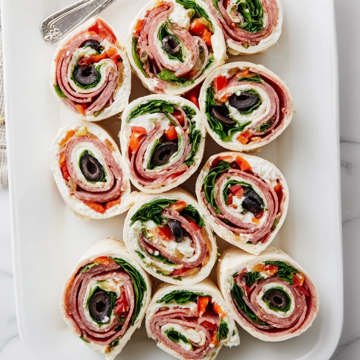 Platter of Italian pinwheel sandwiches rolled with colorful spinach, peppers, and deli meats on a white serving dish