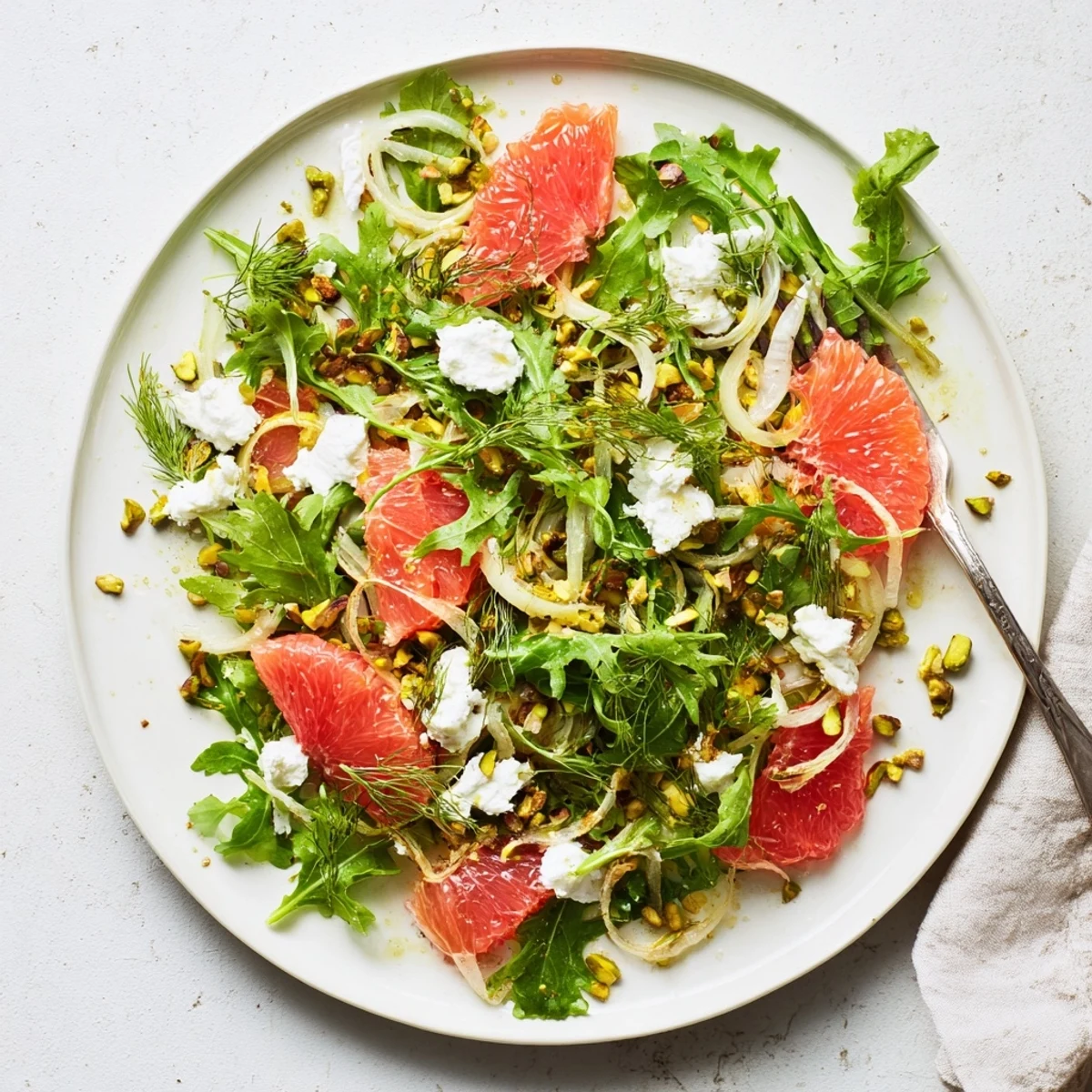 Vibrant grapefruit goat cheese fennel salad plated with bright citrus segments, peppery arugula, and fennel fronds for garnish