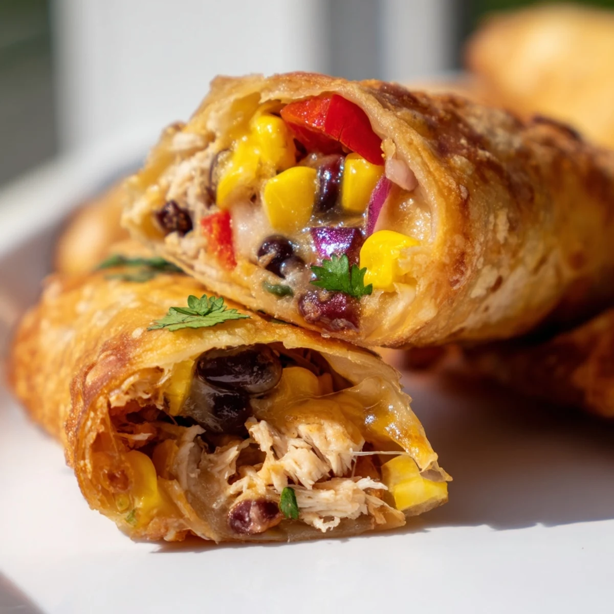 Golden crispy Southwest egg rolls filled with seasoned chicken black beans and melty cheese