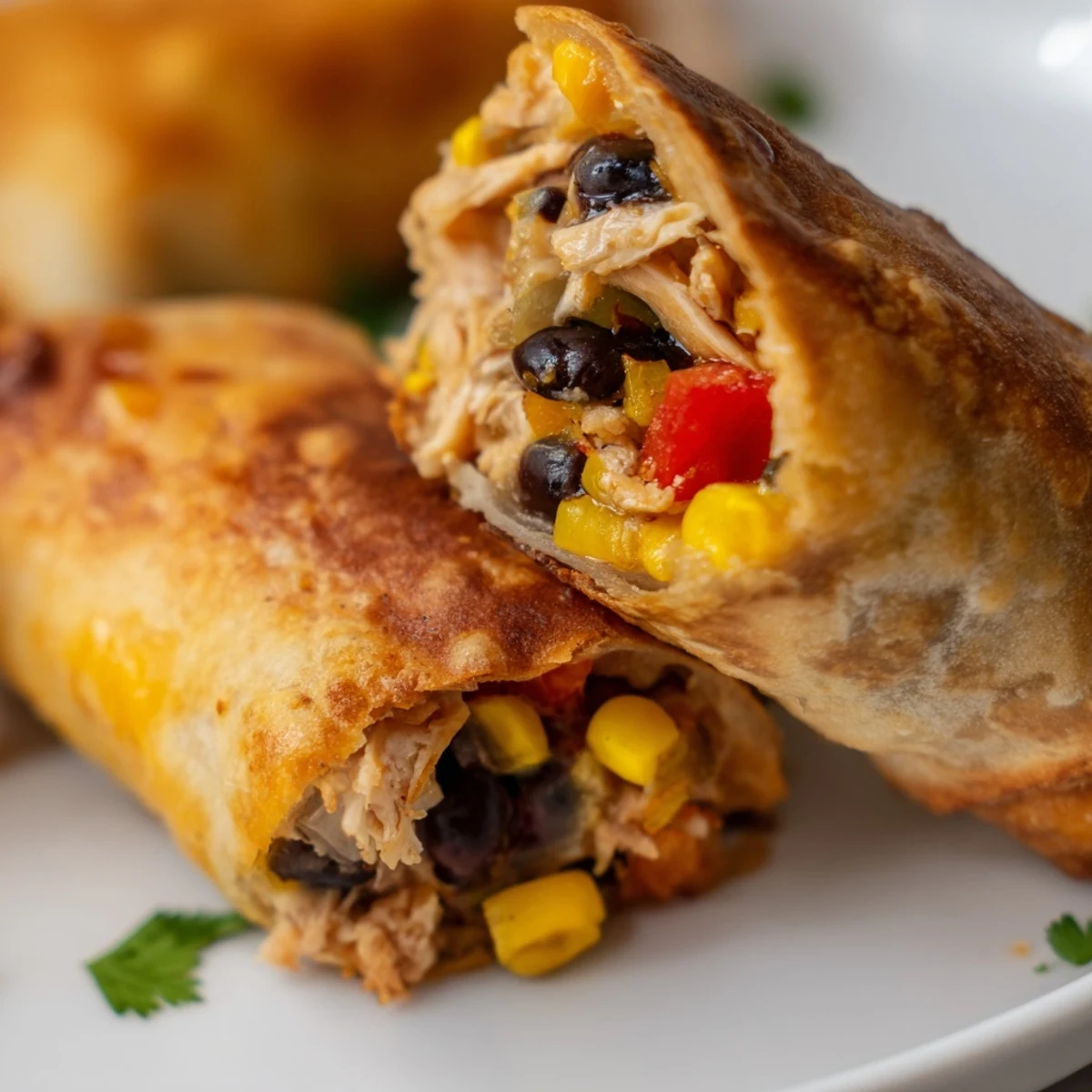 Plate of Southwest egg rolls garnished with fresh cilantro served with salsa dipping sauce