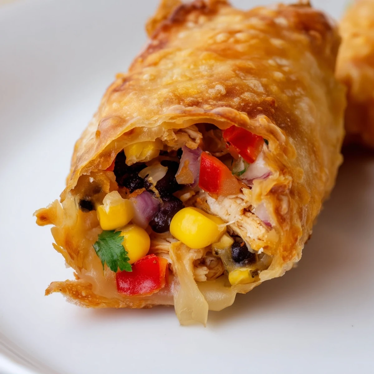 Bubbling Southwest egg rolls with colorful corn peppers and spices ready for dipping