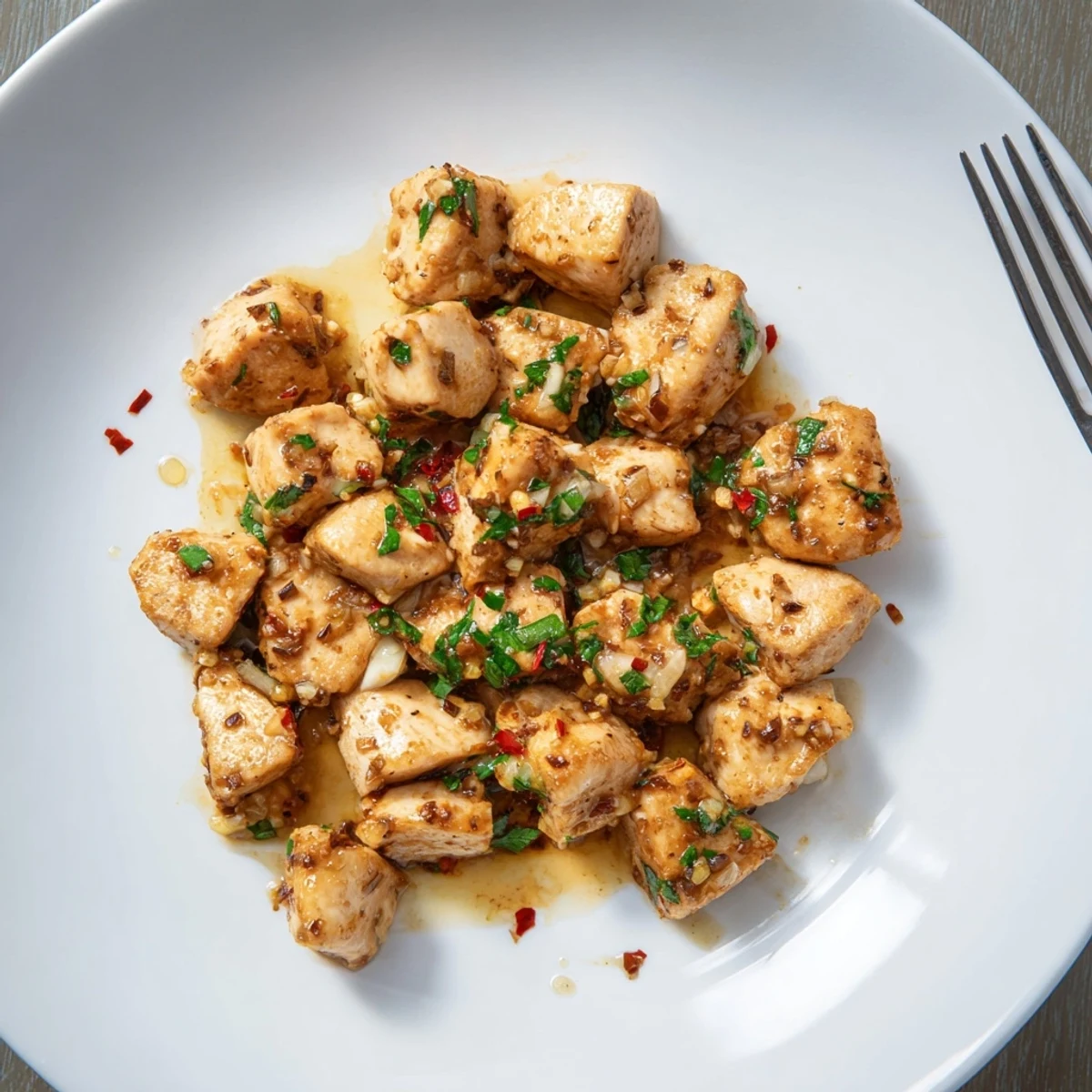 Golden seared garlic butter chicken bites glistening with rich buttery sauce and fresh parsley garnish