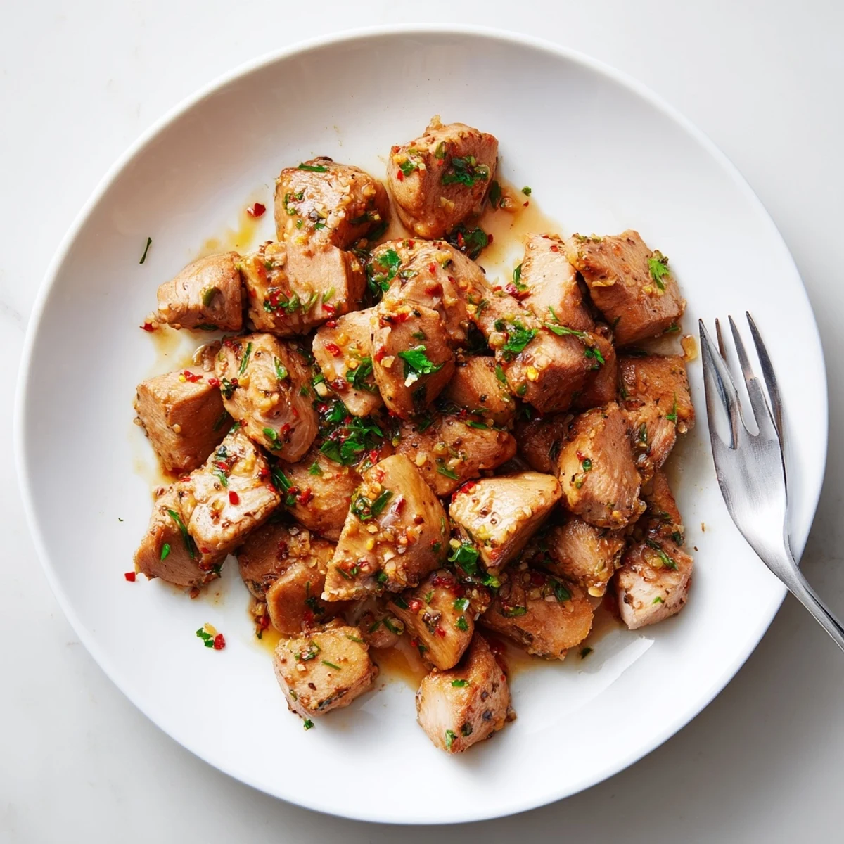 Tender pan-fried chicken pieces tossed in aromatic garlic butter sauce with lemon wedges on plate