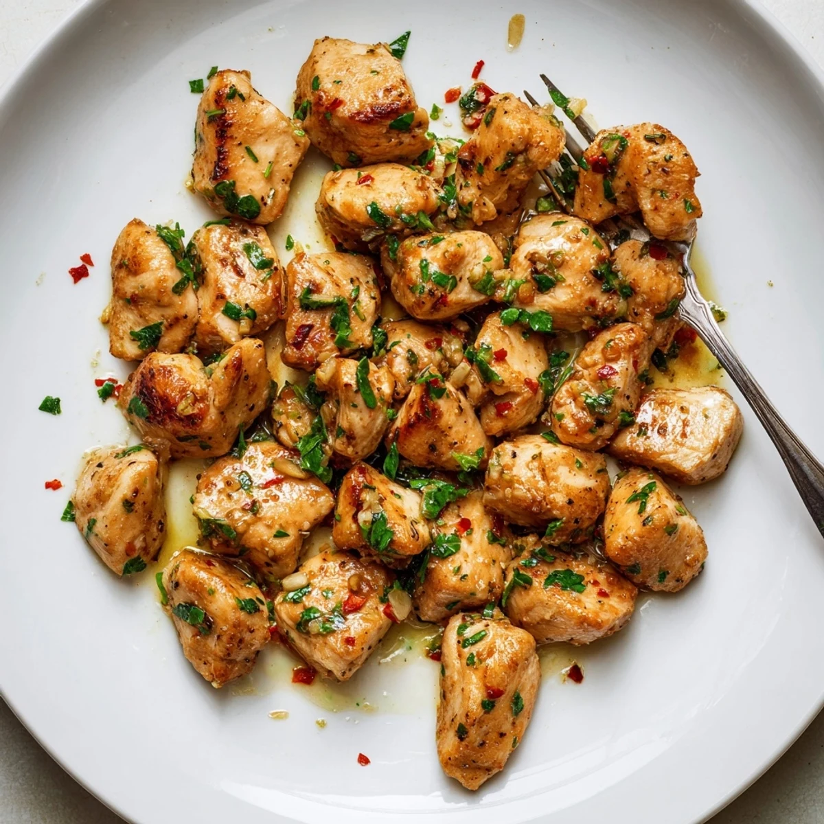 Juicy golden chicken bites coated in melted garlic butter sauce served with fresh chopped parsley