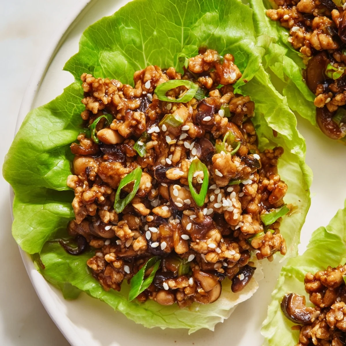 Asian inspired chicken lettuce wraps featuring water chestnuts and green onions on white plate