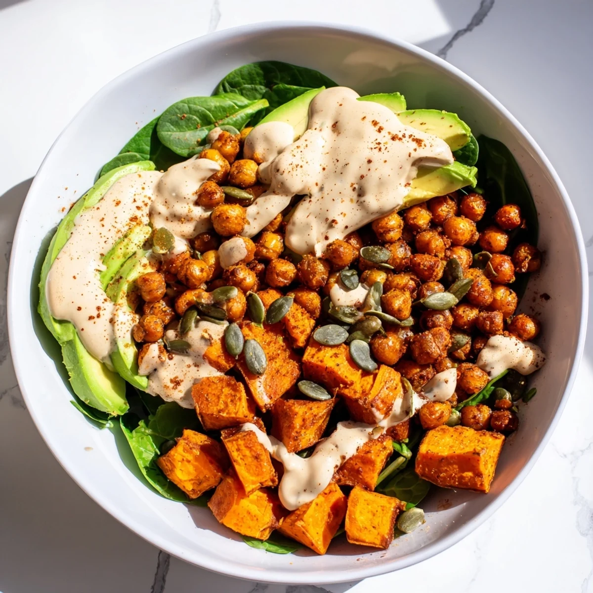 Colorful roasted sweet potato and chickp ea bowls topped with creamy avocado and zesty tahini dressing