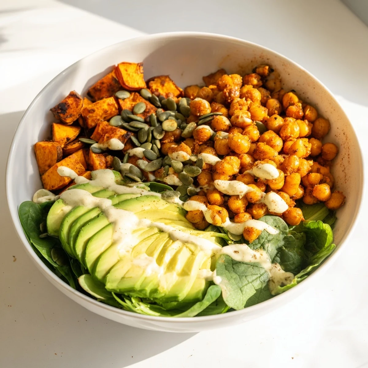 Golden caramelized sweet potato and crispy chickpea bowl served over fresh greens with nutty tahini drizzle