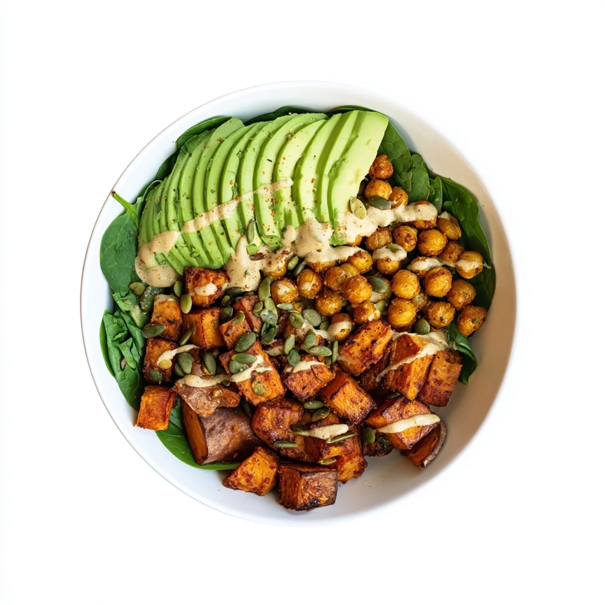 Vibrant vegetarian meal bowl featuring spiced roasted sweet potatoes and chickpeas with fresh sliced avocado