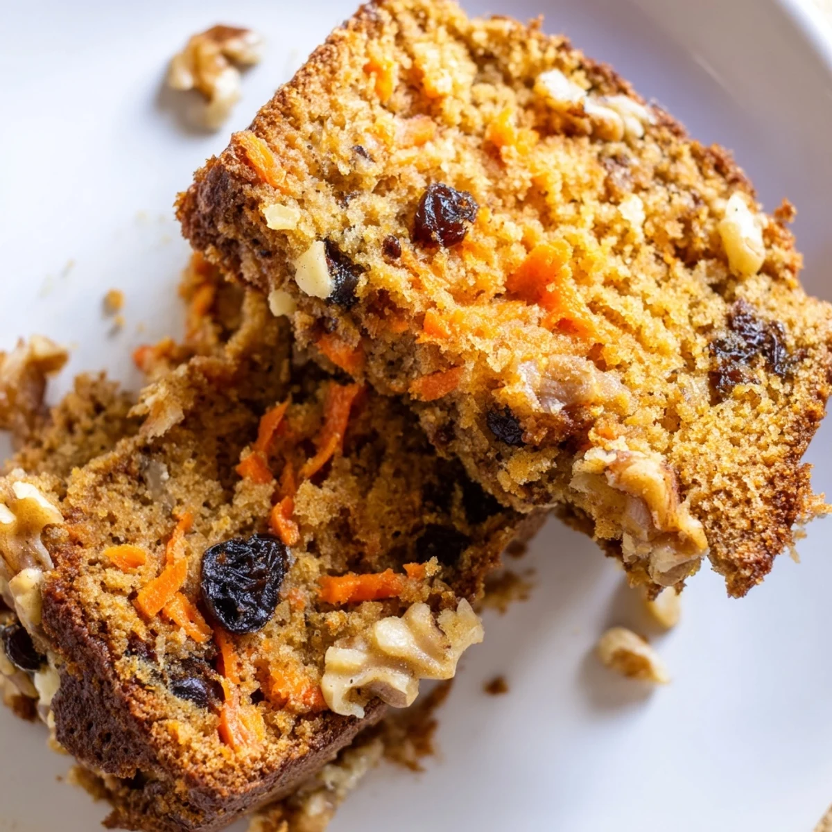 Moist Greek yogurt carrot cake slice topped with powdered sugar on white plate