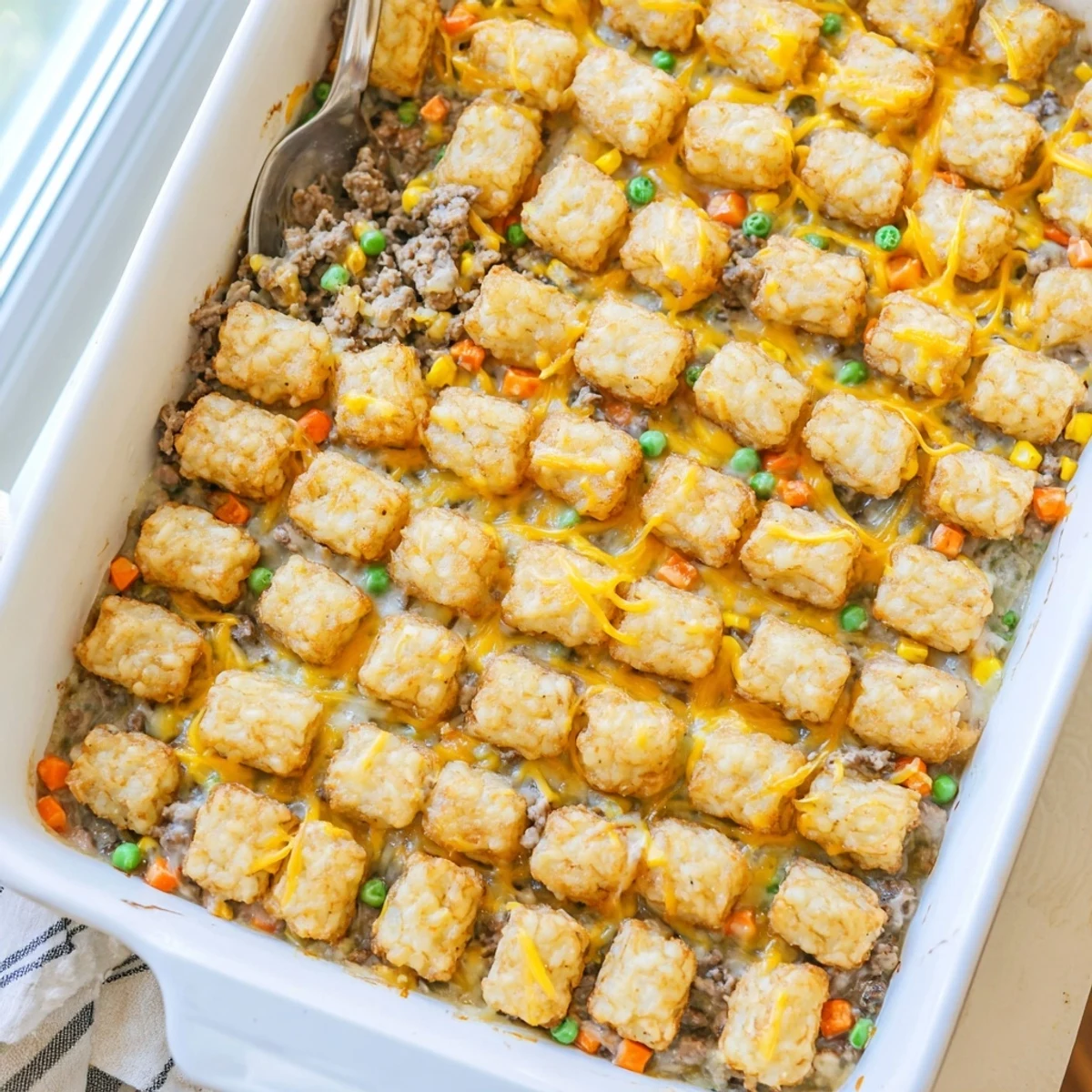 Golden crispy tater tots crown a bubbling cheesy ground beef tater tot casserole fresh from the oven