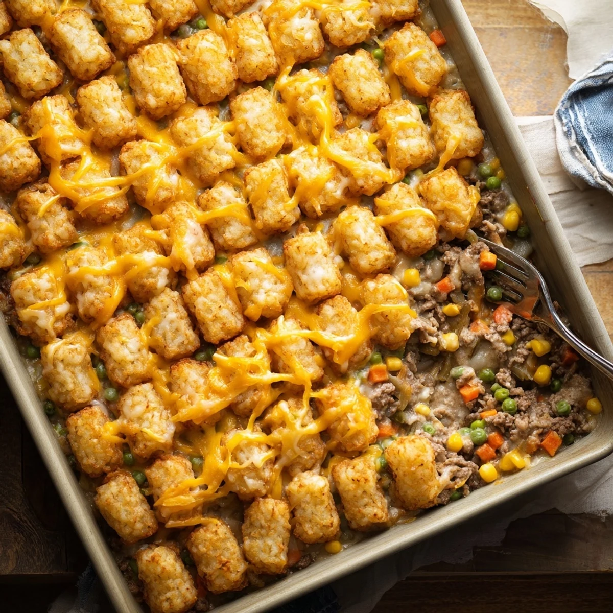 Steam rises from a family-style cheesy ground beef tater tot casserole with melted cheddar topping