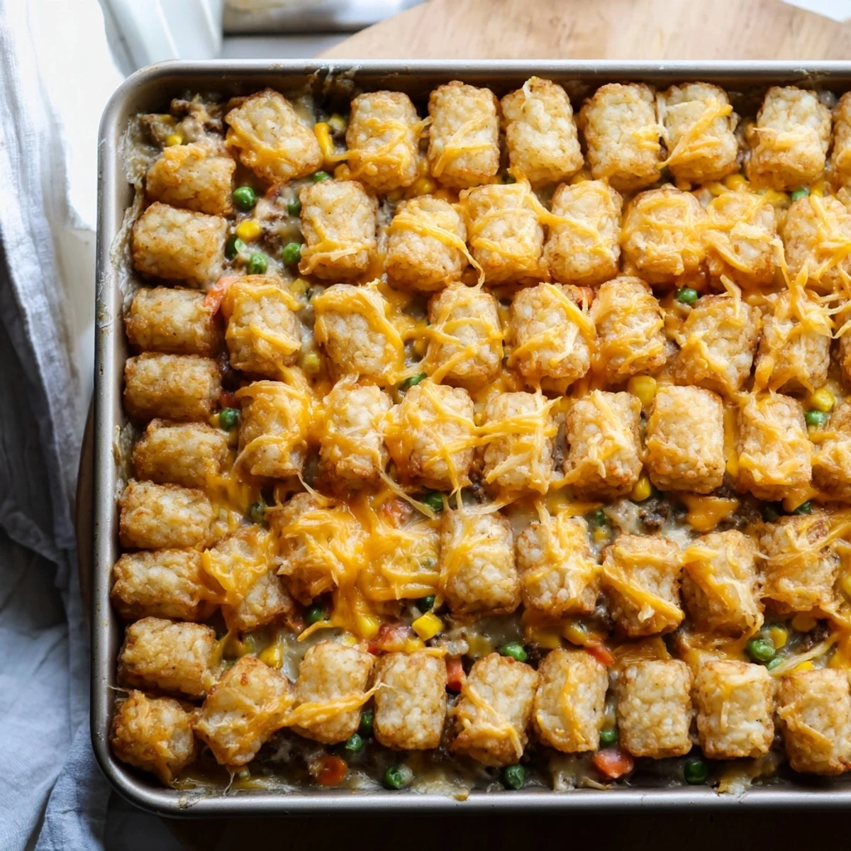 Crispy oven-baked tater tots cover a savory layer of beef and vegetables in this cheesy ground beef tater tot casserole