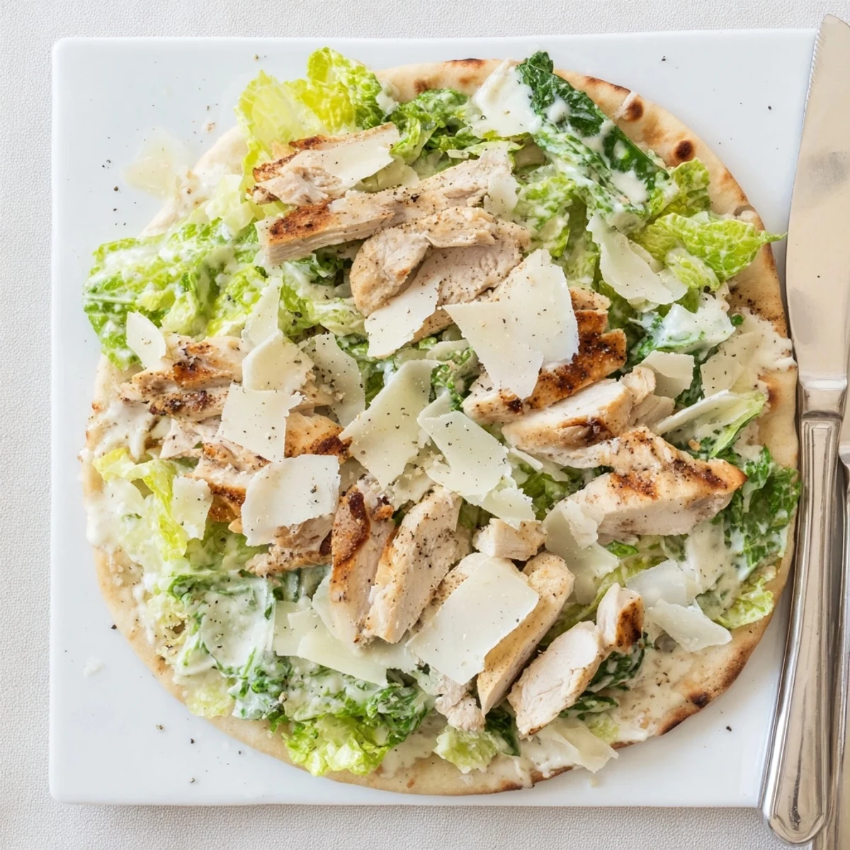 Sliced grilled chicken atop crispy baked flatbread with creamy Caesar dressing and fresh chopped lettuce