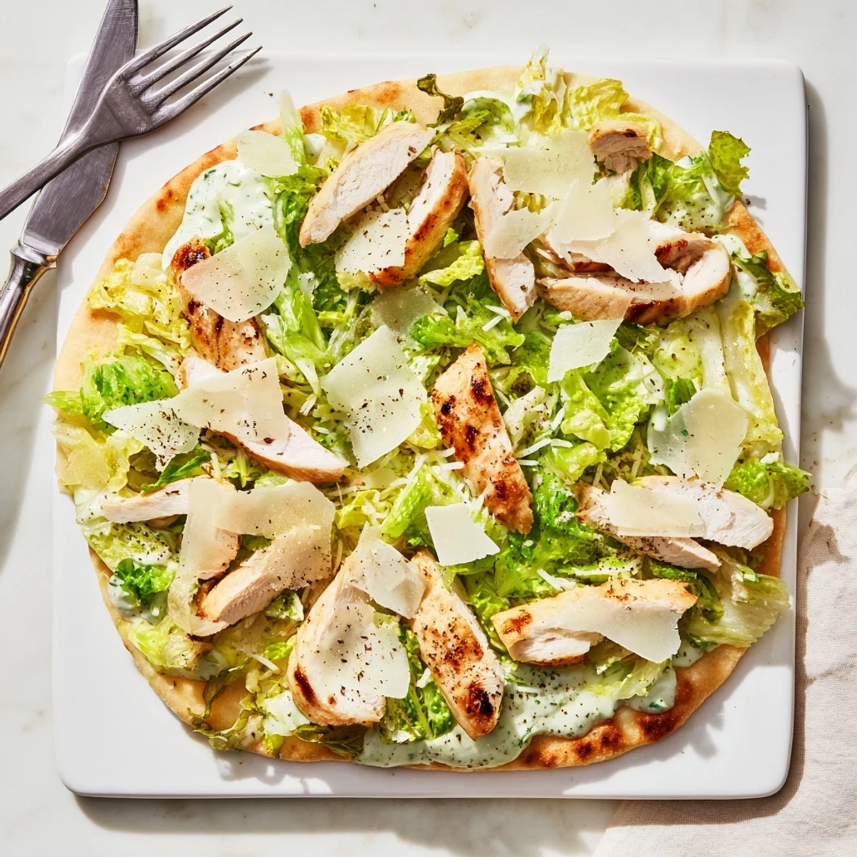 Golden chicken Caesar flatbread topped with melted mozzarella, crisp romaine lettuce, and shaved parmesan cheese