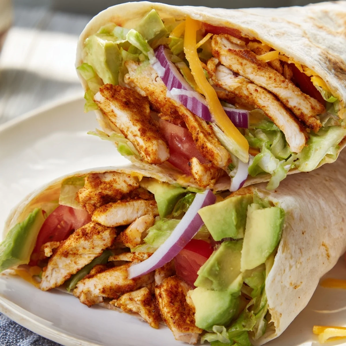 Golden sliced spiced chicken layered with fresh avocado and crisp vegetables in a warm flour tortilla wrap