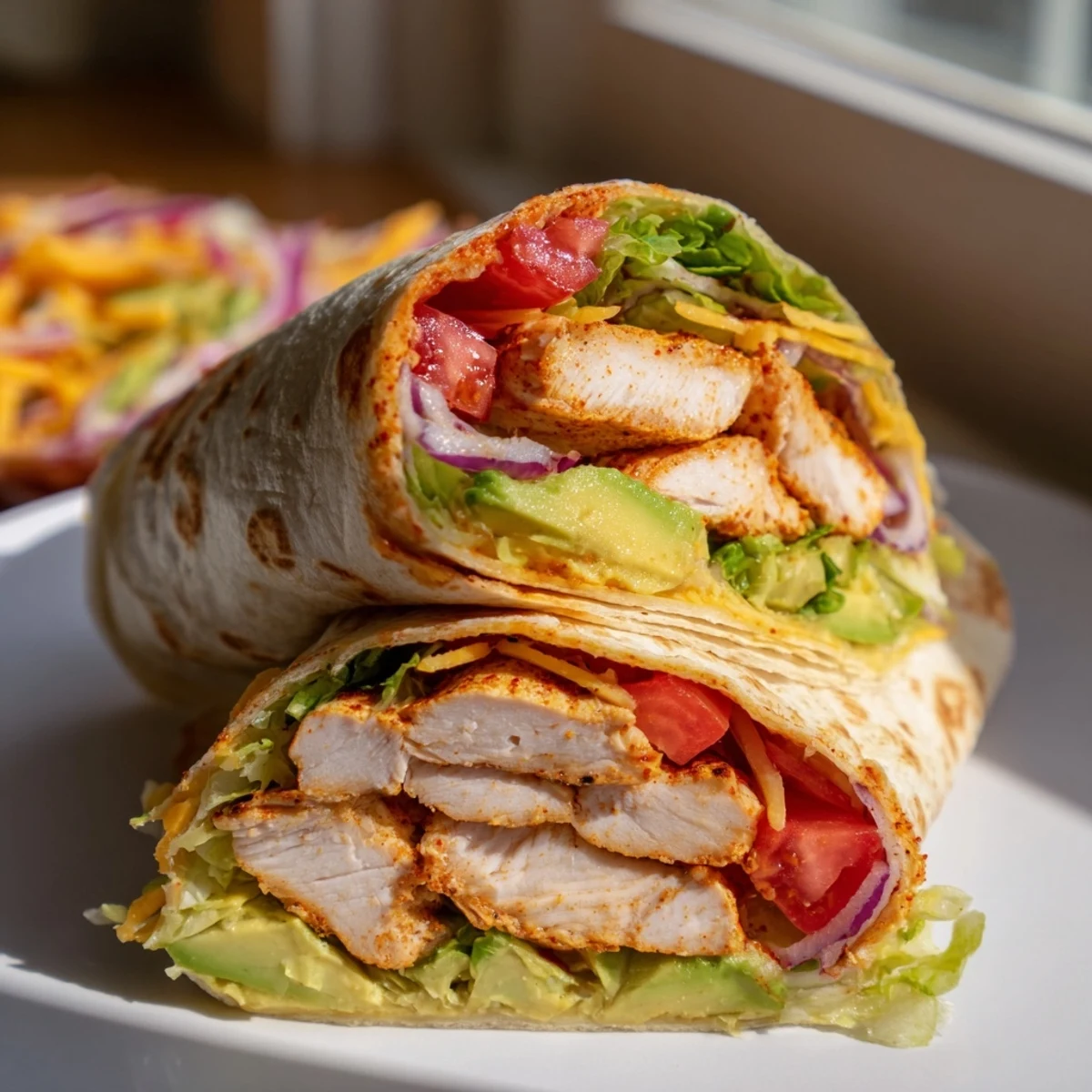 Spicy chicken avocado wraps filled with juicy seasoned meat, creamy avocado slices, and zesty sriracha sauce