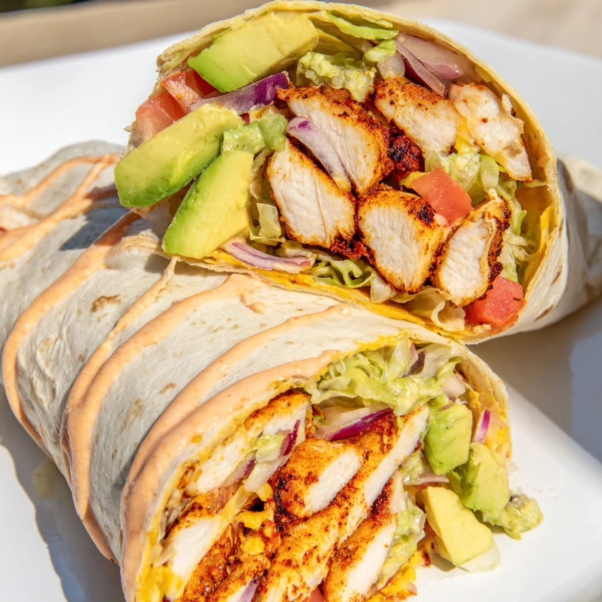 Halved spicy chicken avocado wraps revealing layers of melted cheese, ripe avocado, and vibrant colorful vegetables