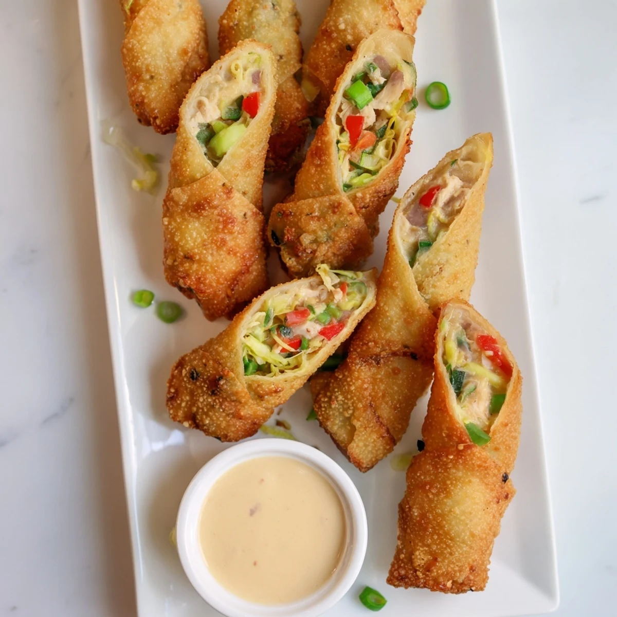 Golden crispy Voodoo Egg Rolls filled with seasoned chicken and colorful vegetables on a white plate