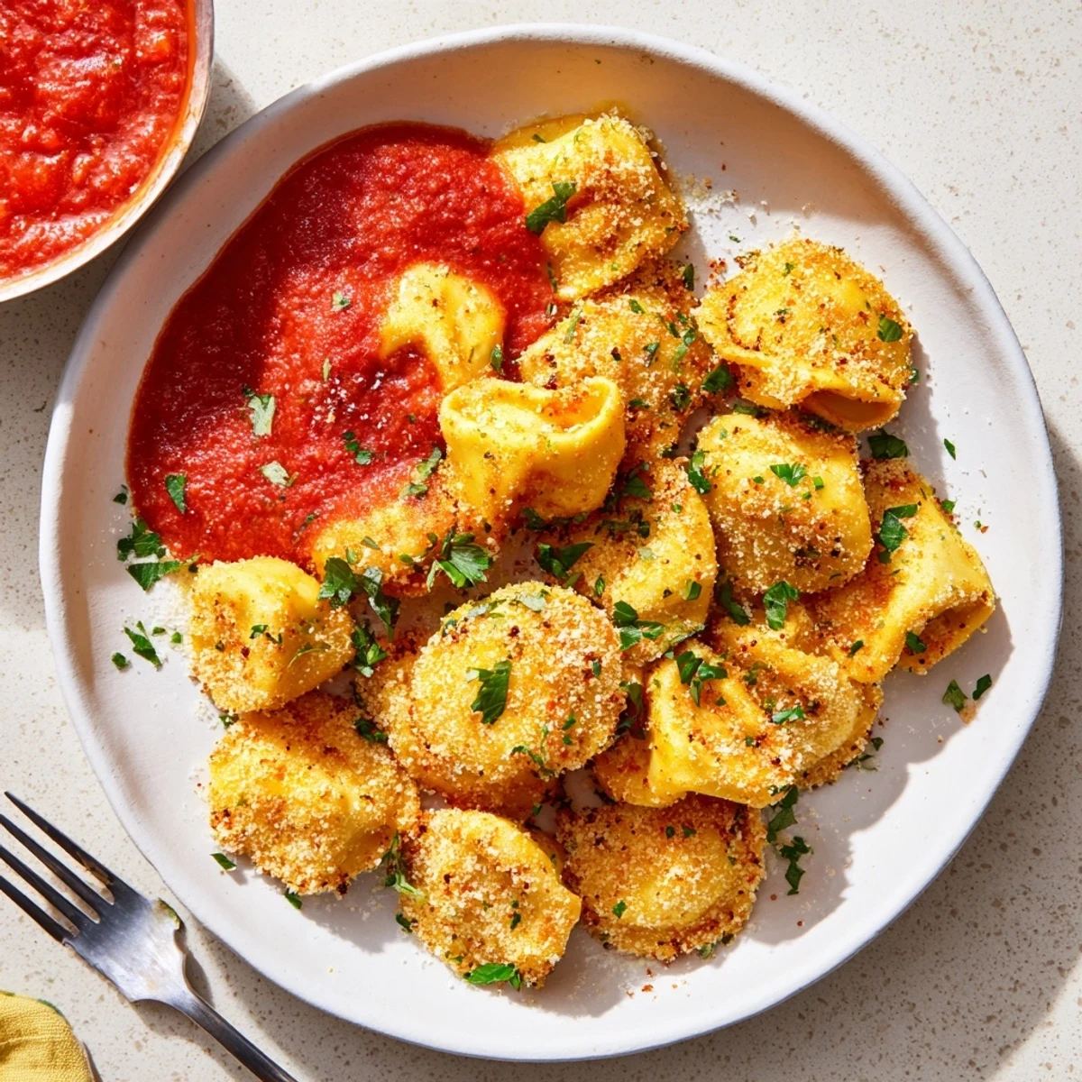 Italian appetizer of crispy air fryer tortellini sprinkled with fresh parsley and parmesan cheese