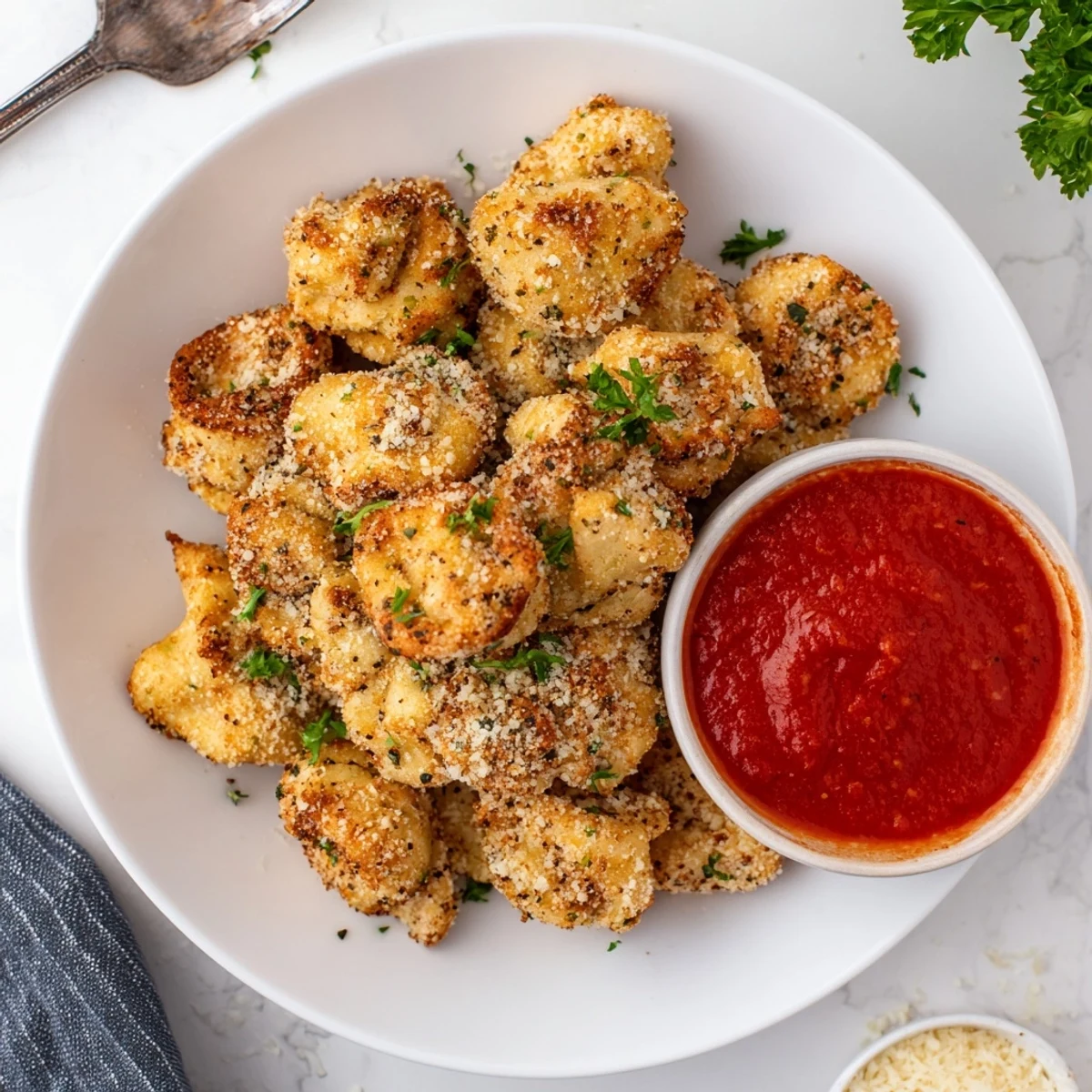 Breaded tortellini bites air fried until perfectly crunchy served alongside red marinara for dipping