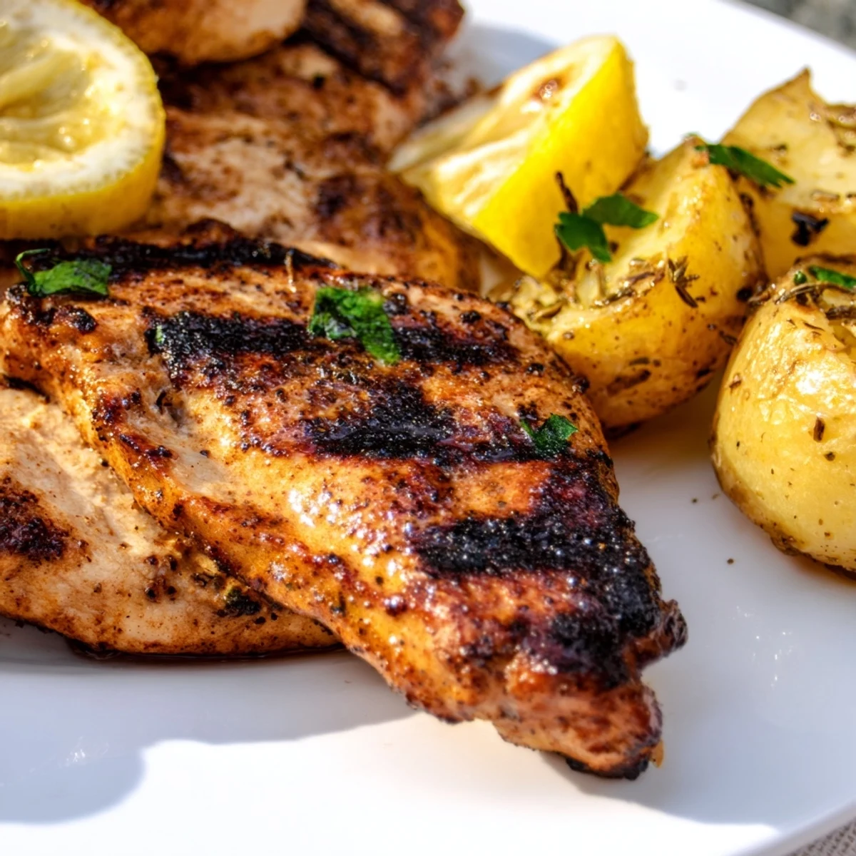 Golden roasted potatoes beside juicy spiced grilled chicken on a white serving platter