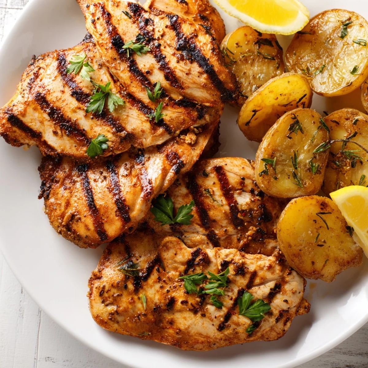 Plated grilled chicken with roasted baby potatoes topped with lemon wedges and herbs
