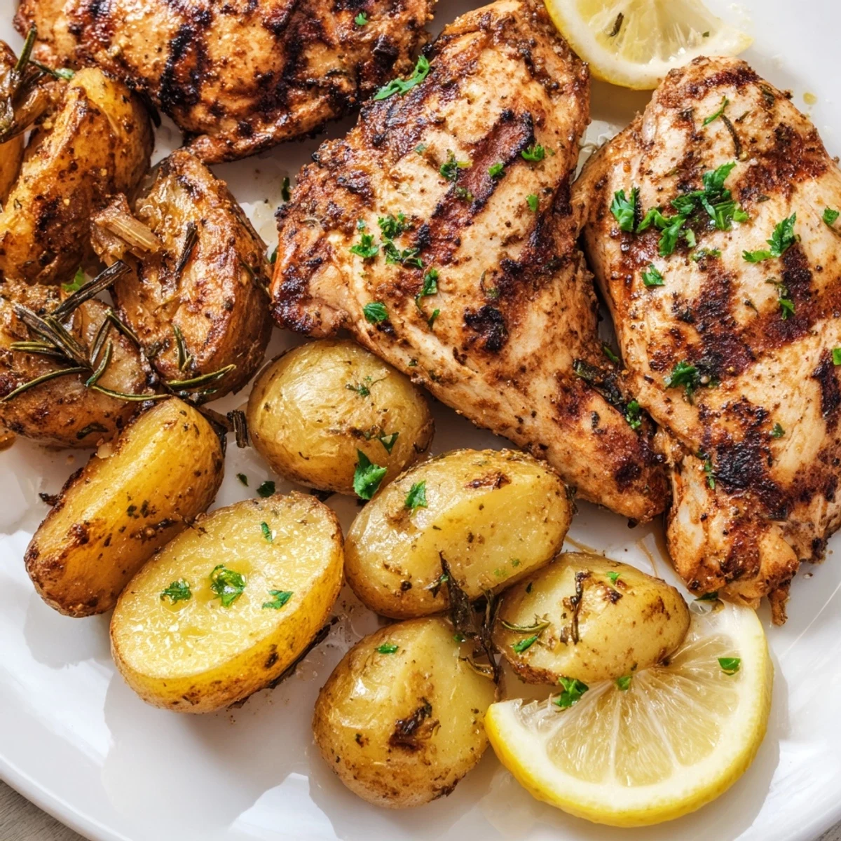 Sliced grilled chicken breast served with crispy rosemary potatoes garnished with fresh parsley