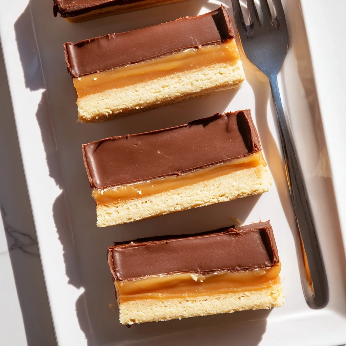 Homemade Twix bars featuring three layers of crisp cookie base rich caramel and melted chocolate