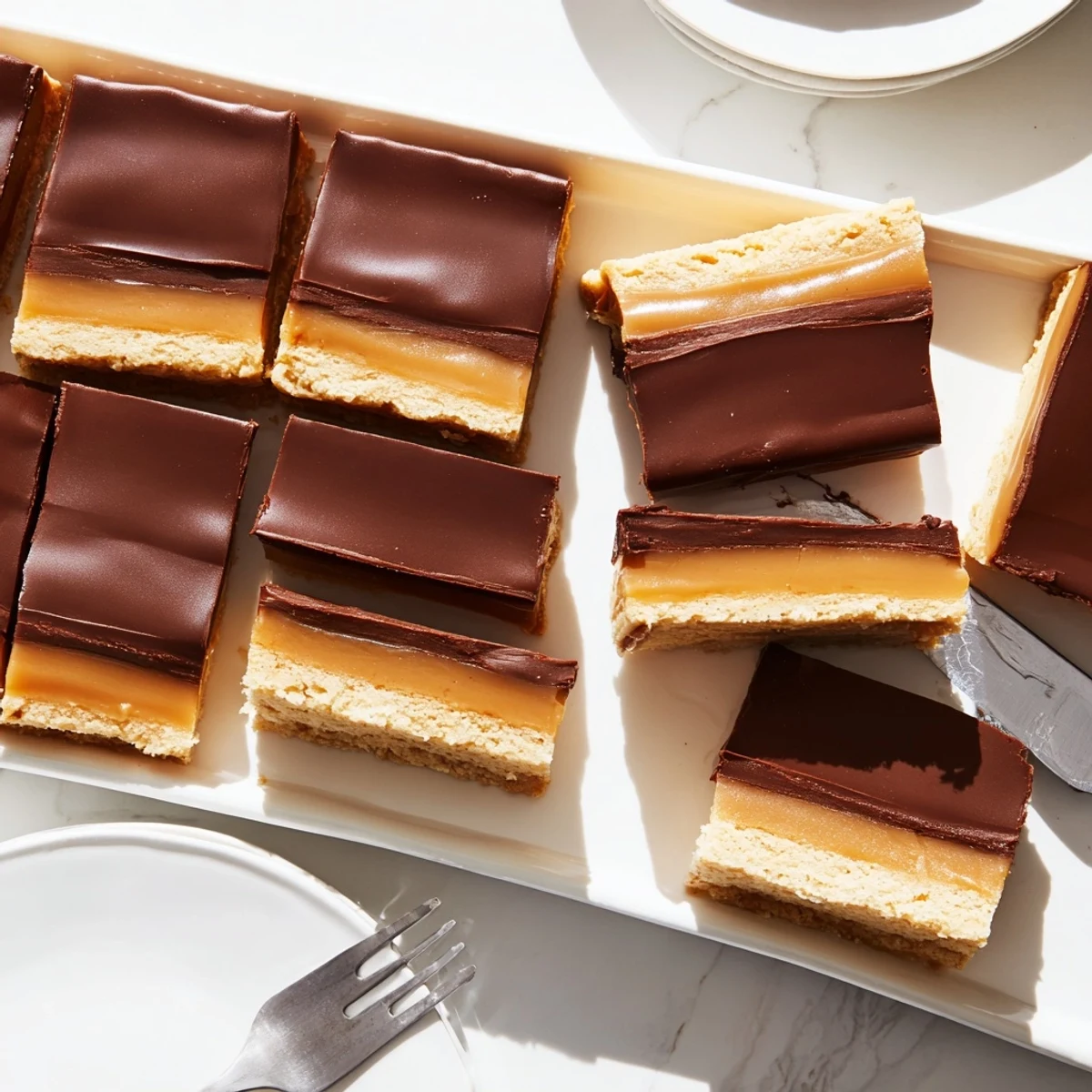 Decadent Twix dessert squares displaying sliced cross section with chocolate caramel and shortbread visible