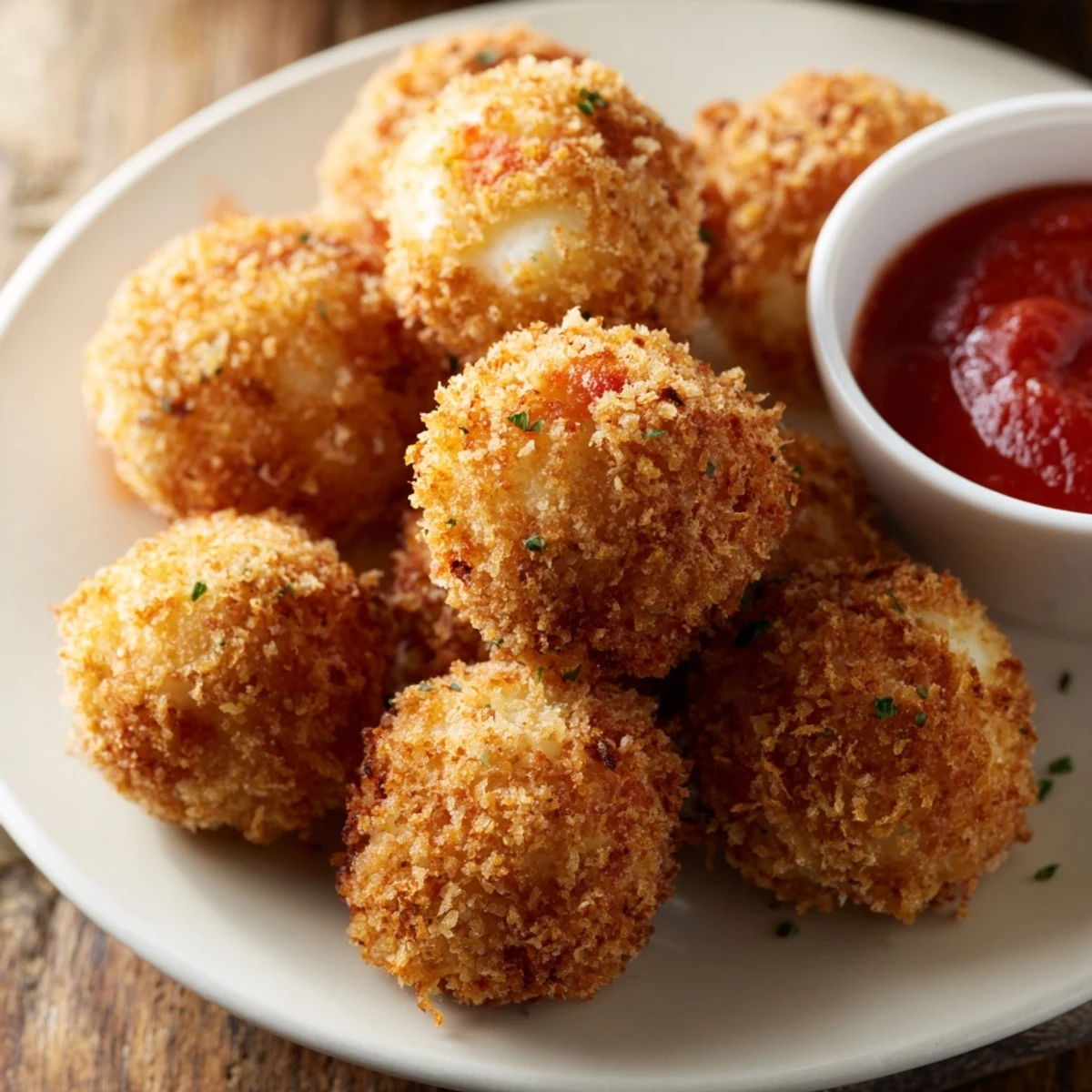 Golden brown mozzarella cheese balls with a gooey, melted center on a white serving plate