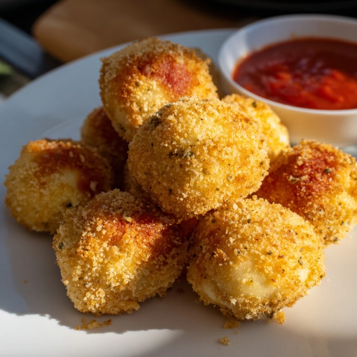Crispy fried mozzarella cheese balls arranged on a platter with marinara dipping sauce in the background