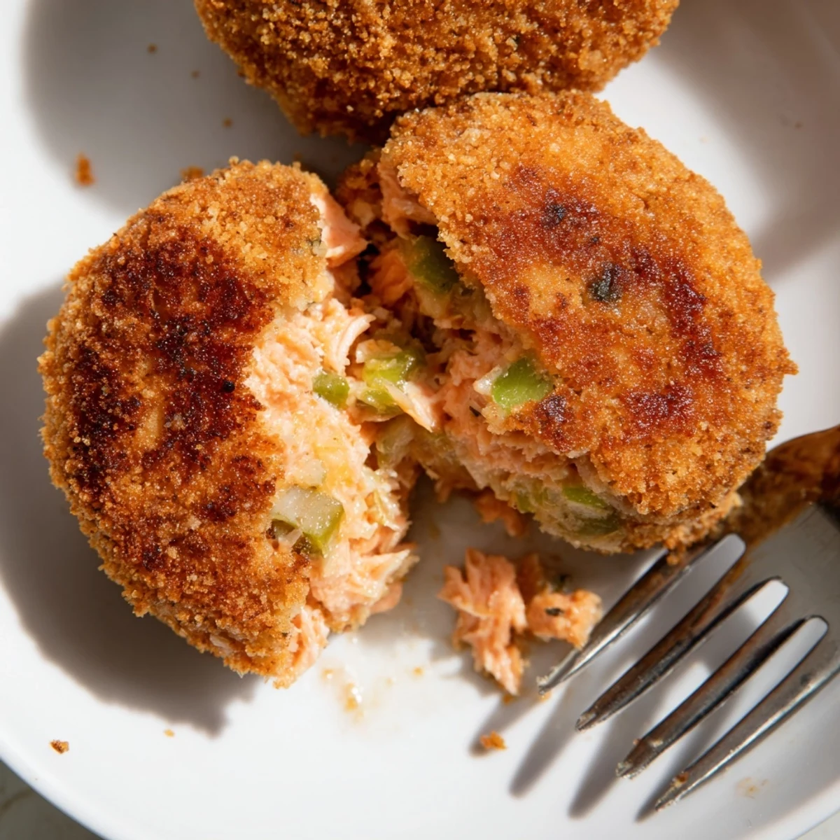 Golden brown Southern salmon croquettes fried to crispy perfection on a white serving plate