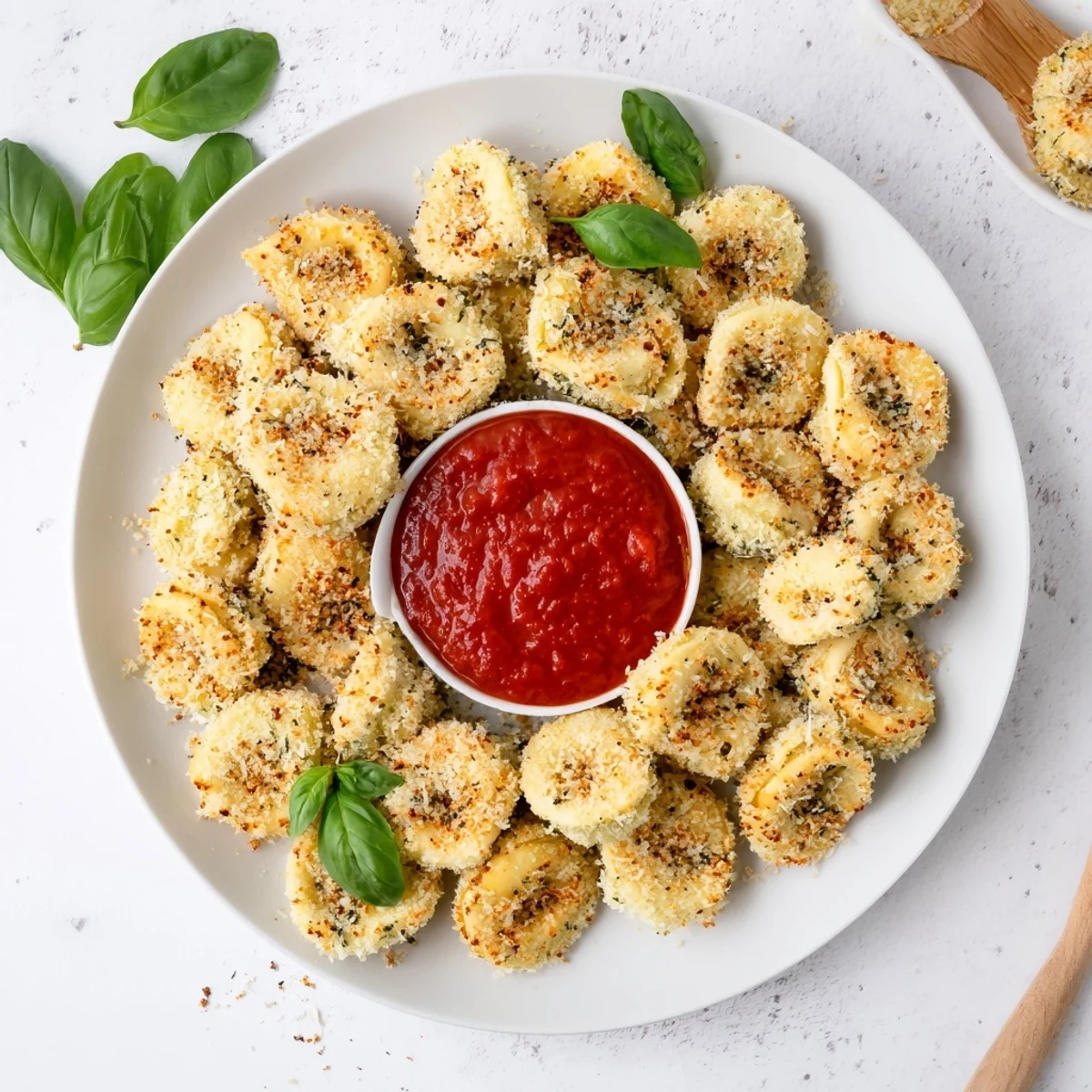 Golden air fryer tortellini with crispy panko coating served alongside warm marinara sauce