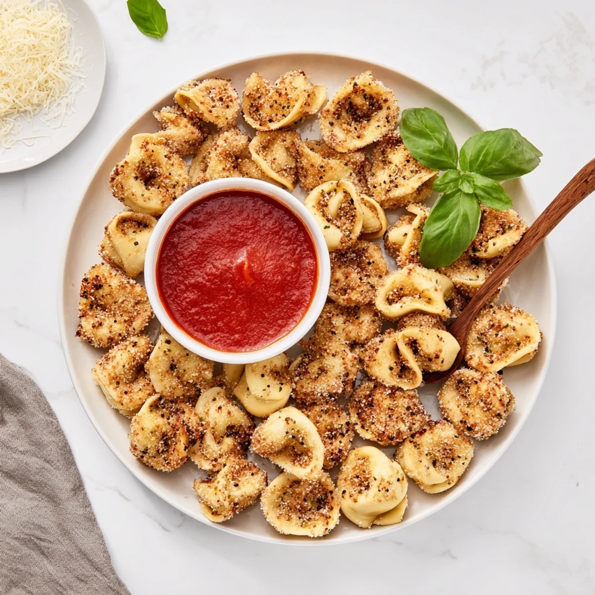 Breaded cheese tortellini arranged in air fryer basket, golden brown and perfectly crisp